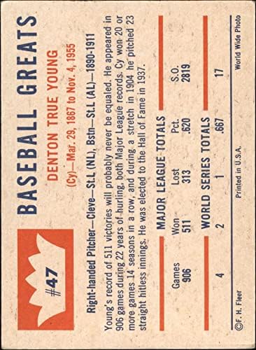 1960 Fleer 47 Cy Young Boston Red Sox/Indiánok (Baseball Kártya) VG Red Sox/Indiánok