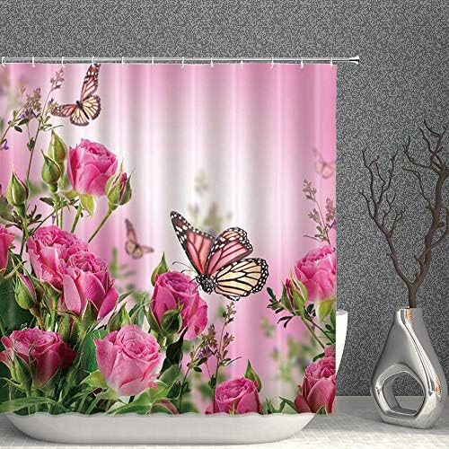 Virág, Pillangó Dekoráció Zuhanyzó Függöny Rózsaszín Rose Romantikus Virágok, Zöld Levelek Tavaszi Festői Szövet Fürdőszoba Függöny,70x70 Cm