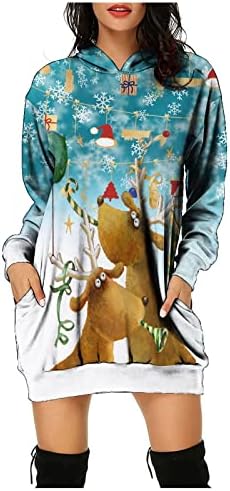 PRDECEXLU Tunika Karácsonyi Hosszú Ujjú Loungewear Pulóver Női Alkalmi Nyomtatás Kapucnis Laza Fit Legénység Nyak Zsebek