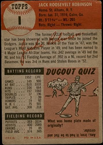 1953 Topps 1 Jackie Robinson Brooklyn Dodgers (Baseball Kártya) SZEGÉNY Dodgers