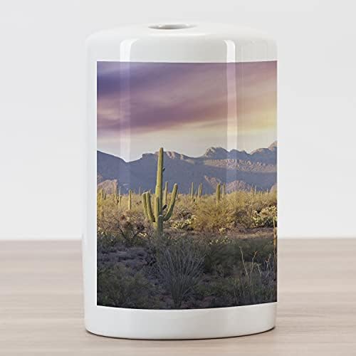 Ambesonne Arizona Kerámia Fogkefe Tartó, USA Nemzeti Park Fotó Egzotikus Saguaro Kaktusz Napos, Hegyek, Dekoratív Sokoldalú Pulton