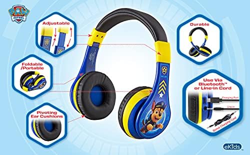 eKids Mancs Járőr Gyerekek Bluetooth Fejhallgató, Vezeték nélküli Fejhallgató Mikrofonnal Tartalmazza Aux Kábel, Hangerő Csökken a Gyerekek