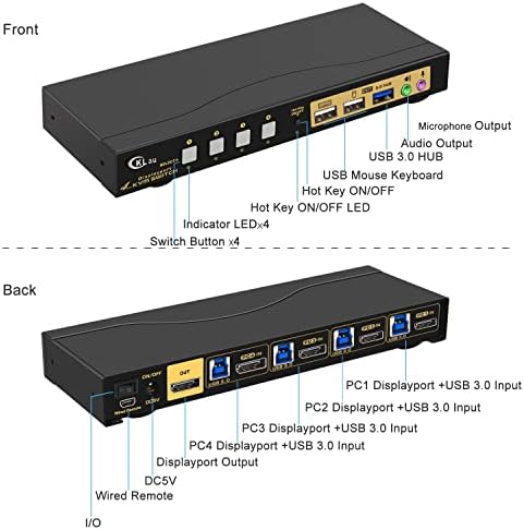 CKLau 4 Port USB 3.0 Displayport 1.4 KVM Switch 4K@144 hz 8K@30Hz Audio, Kábelek 4 Db Megosztása 1 Monitor Egyetlen Billentyűzet