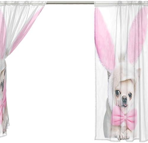 Virágos Chihuahua Kutya, a Húsvéti Jelmez Félig Áttetsző Függöny Ablak Voile Függönyök Panelek Kezelés-55x84in Nappali Hálószoba Gyerek