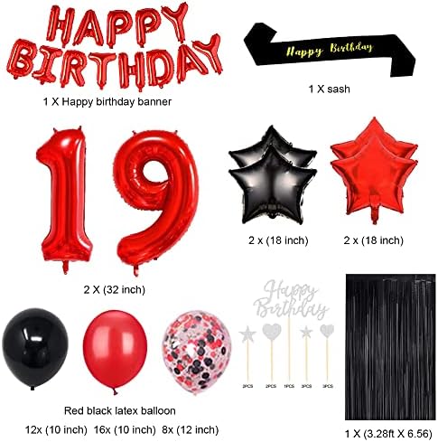 Fancypartyshop 19. Születésnapi Party Dekorációk, Kellékek Piros Fekete Később Lufi Happy Birthday Cake Topper Szárny Fólia Fekete